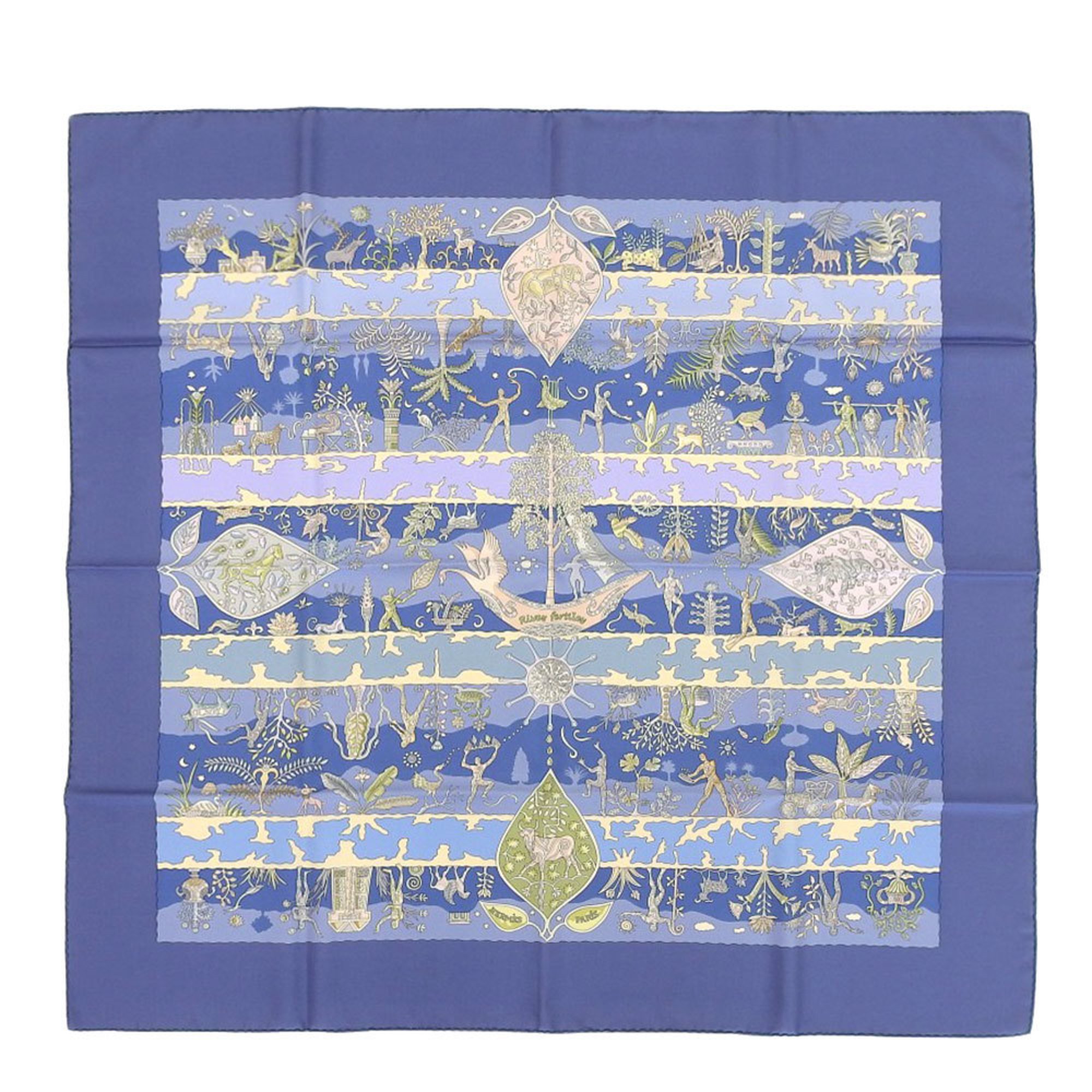 Hermes Carre 90 Scarf River Fertiles Fertile River Silk Blue Ladies